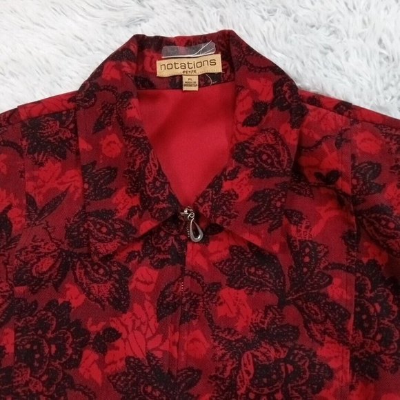 Notations Womens Jacket Red Petite Large Floral Zip Up Shoulder Pads Stretch PL - Picture 5 of 13